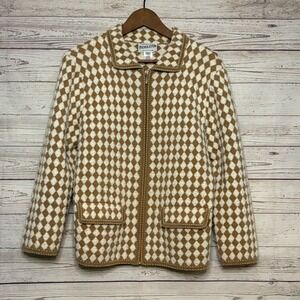 Pendleton Womens XL Wool Blend Diamond Harlequin Full Zip Cardigan Sweater Tan